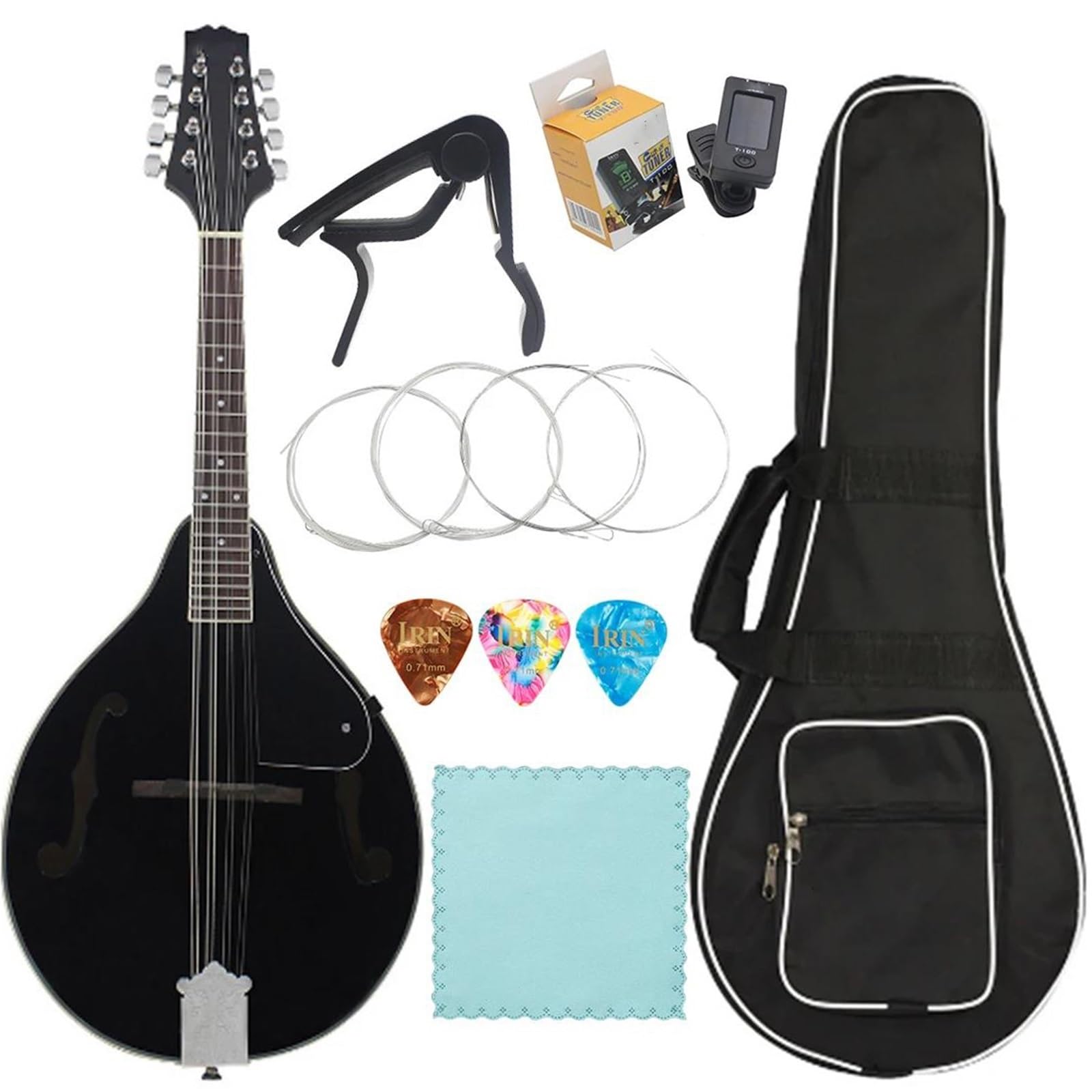 Mandoline De Pour Débutants Mandoline Noire De Style A 8 Cordes En Tilleul Et Ébène Avec Sac Accordeur En Tissu Instruments À Cordes Pratiques(Set)
