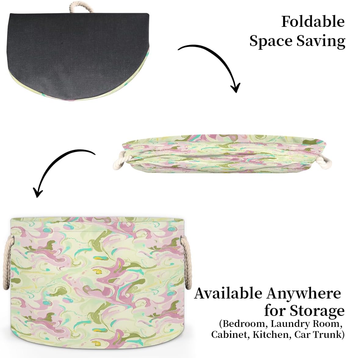Large Storage Baskets - Pastel Abstract Swirl Nursery Round Collapsible Organizer Bin Box, Laundry Hamper for Kids Toys, Blanket, Bedroom Living Room Home Decor, Gift Basket, 19.4"x13.3"