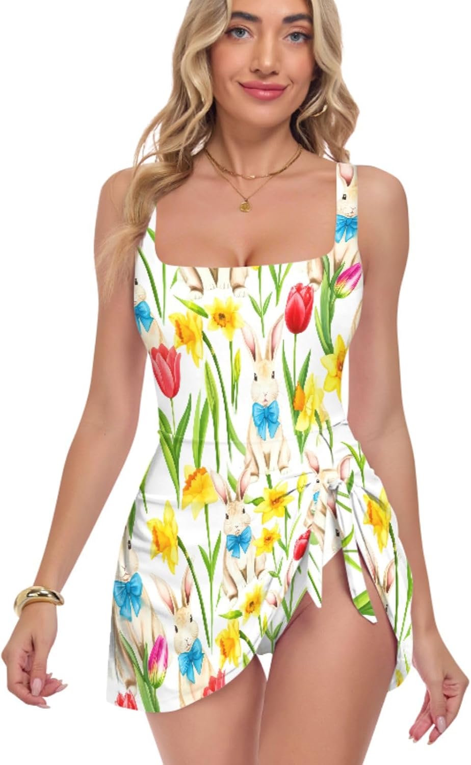 Cute Bunny Rabbit Flowers Floral Women's One Piece Swimsuits Tummy Control Bathing Suits S A2301894
