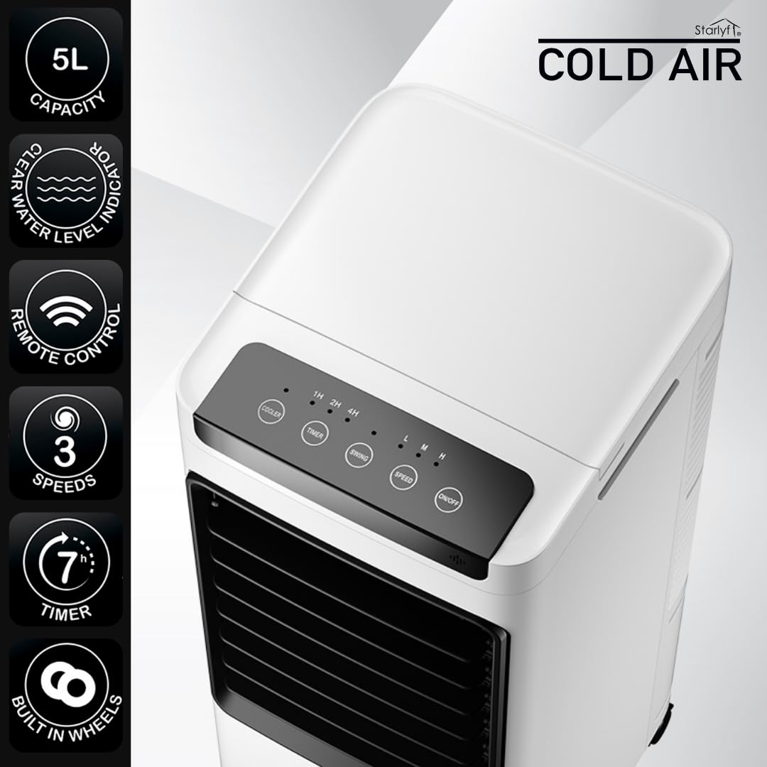 STARLYF Cold Air -Rafraîchisseur d’Air Portable – Climatiseur Évaporatif avec Réservoir d’Eau – Air Frais sans Installation – Faible Consommation, Compact et Silencieux pour Maison et Bureau