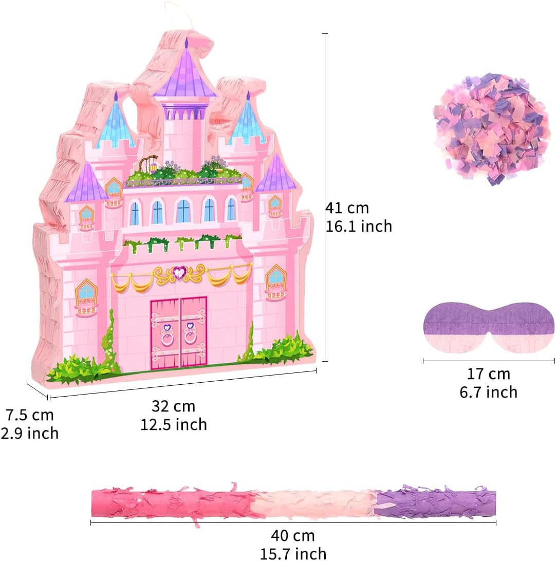 Princess Castle Pinata - Cute Pink Castle Pinata with Blindfold and Bat for Girls Birthday, Baby Shower, Cinco De Mayo Mexican Fiesta Events, Girls Children’s Day Princess Themed Party Favors