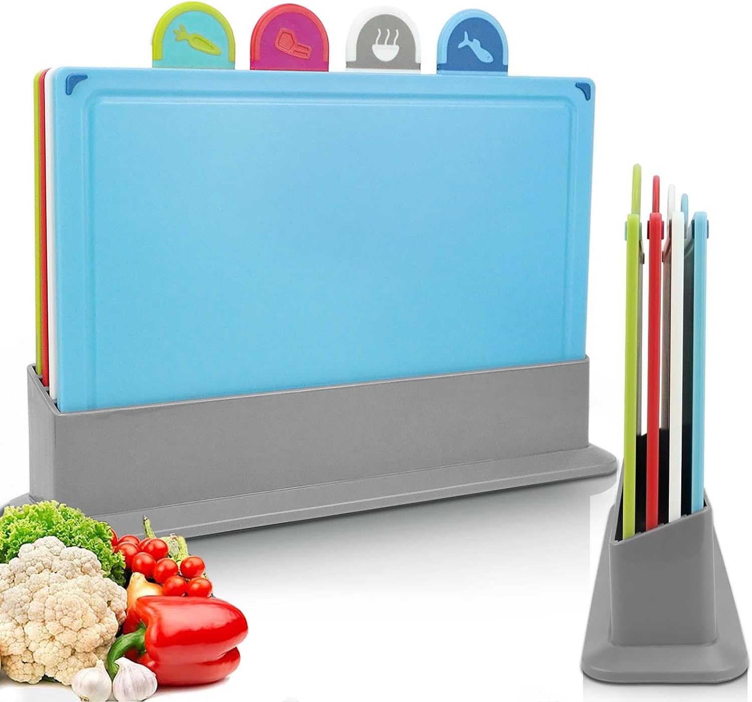 BOCHION Chopping Board Set of 4, Coloured Plastic Chopping Boards with Stand and Food Icons, Multipurpose Anti-Slip Surface, Cutting Boards Easy to Clean & Prevents Food Cross Contaminaton BOCHION Chopping Board Set of 4, Coloured Plastic Chopping Boards with Stand and Food Icons, Multipurpose Anti-Slip Surface, Cutting Boards Easy to Clean & Prevents Food Cross Contaminaton