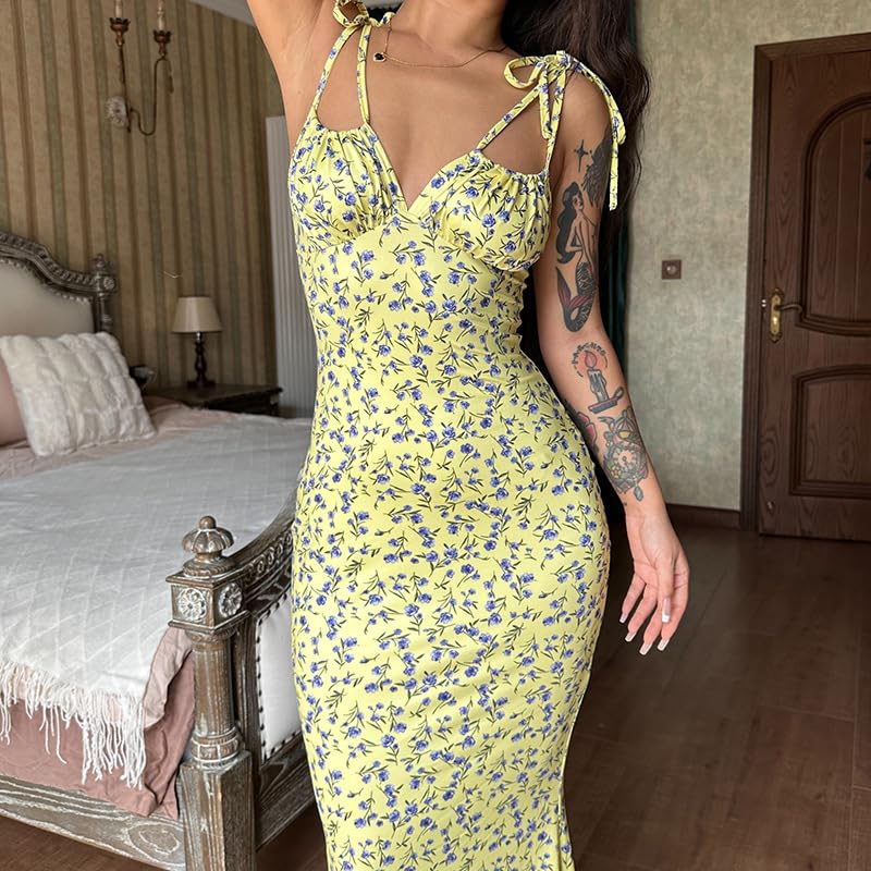 Image of Women Floral Printed Spaghetti Strap Maxi Dress Long Dress Backless Tie Shoulder Mermaid Dress