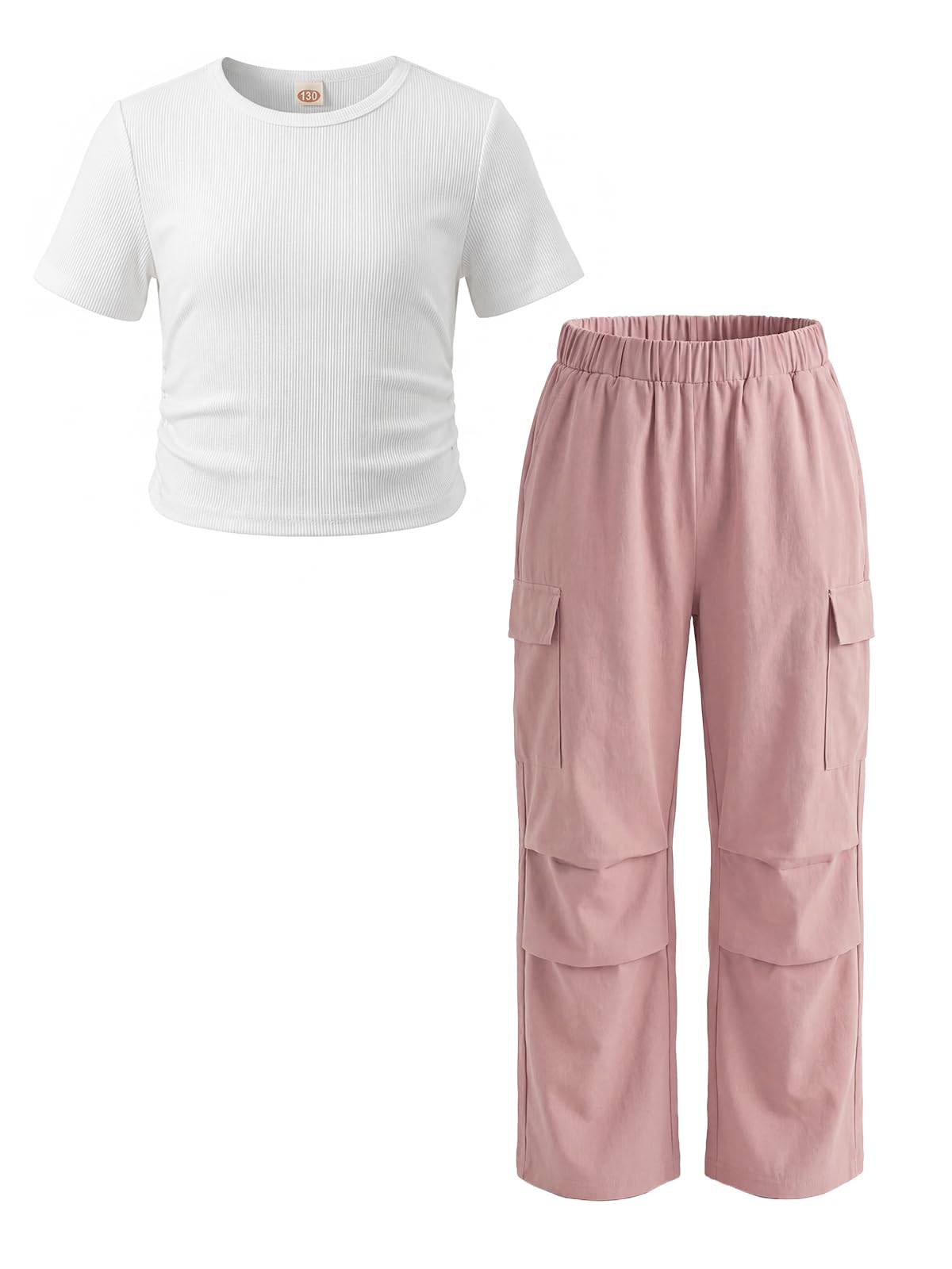 JiAmy Mädchenkleidung 2-teilig, gerippter kurzärmeliger Oberteil & Cargohose mit Taschen, Kleiderset für 7-14 Jahre