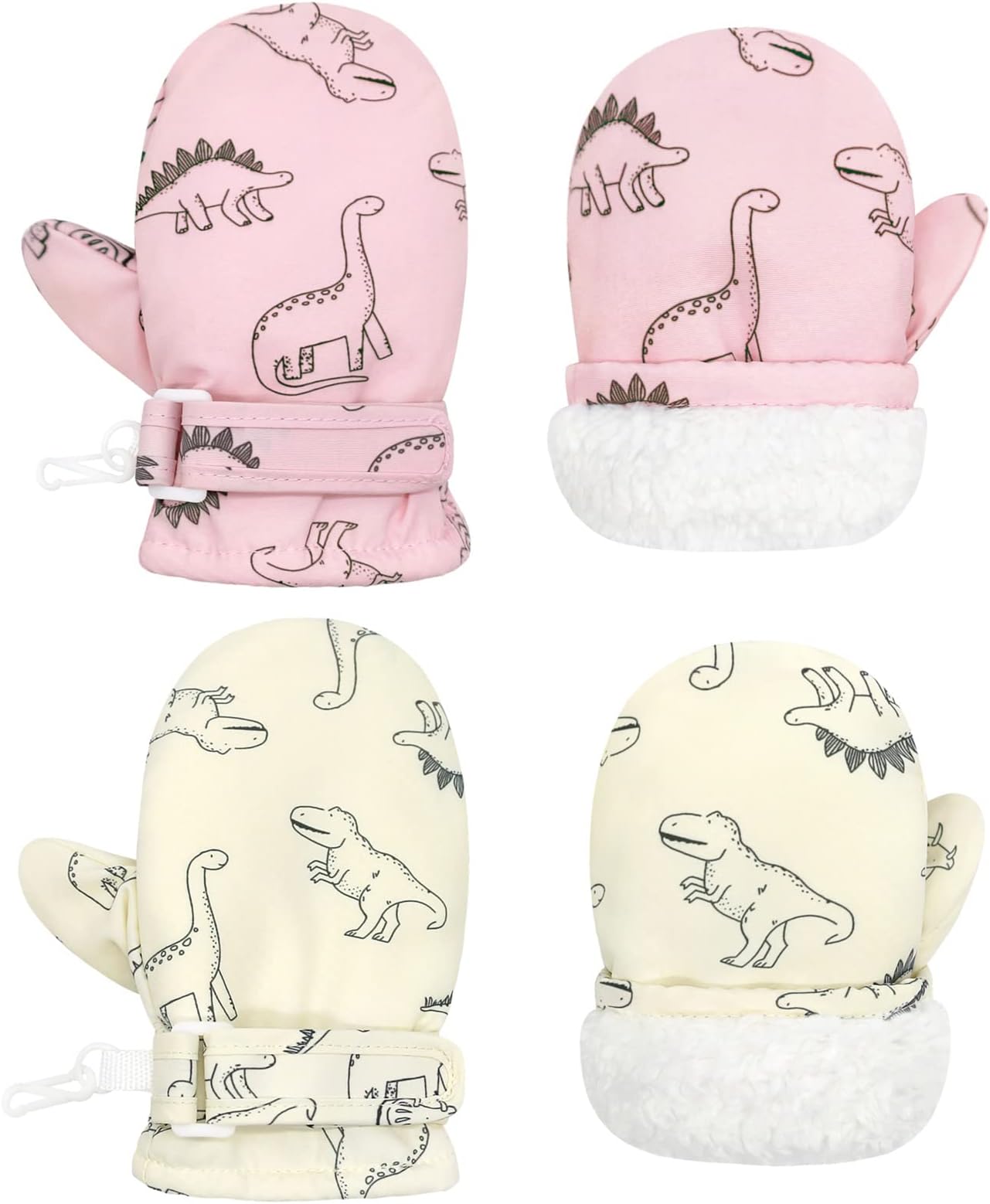 2 Pairs Toddler Gloves Waterproof Toddler Winter Mittens for Kids Snow Gloves Warm Baby Winter Mittens for Boys Girls, Dinosaur Pink & Dinosaur White, 6 Months-24 Months