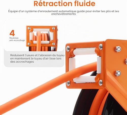 VEVOR Enrouleur Tuyau à Air Comprimé Hybride Fermé Rétractable 9,53 mm x 15,24 m Pression 300 PSI Rembobinage Automatique, Bras Unique, avec Tuyau 1,5 m, Support 180°, pour Montage au Plafond/Mur - 4