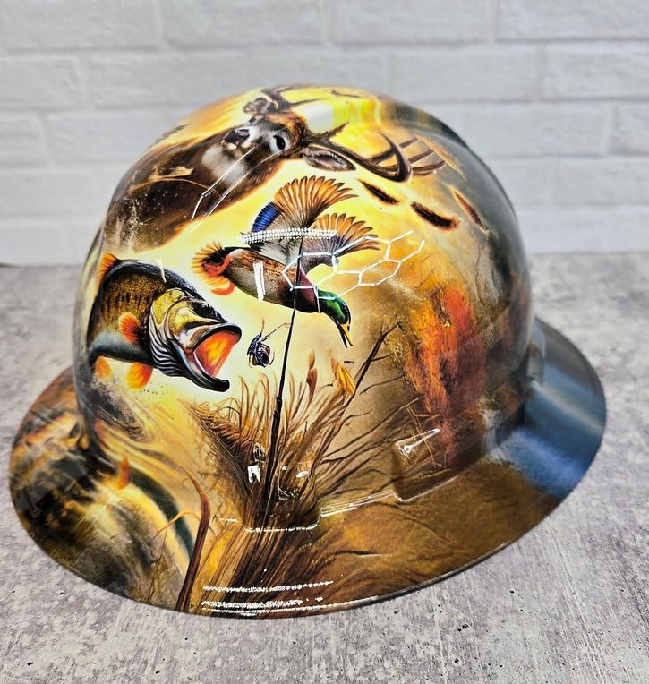 Wildlife Deer Fish Duck Hydro Dipped Full Brim Hard Hat, ABS Material, 6-Point Ratchet Suspension, ANSI Z89.1 Certified