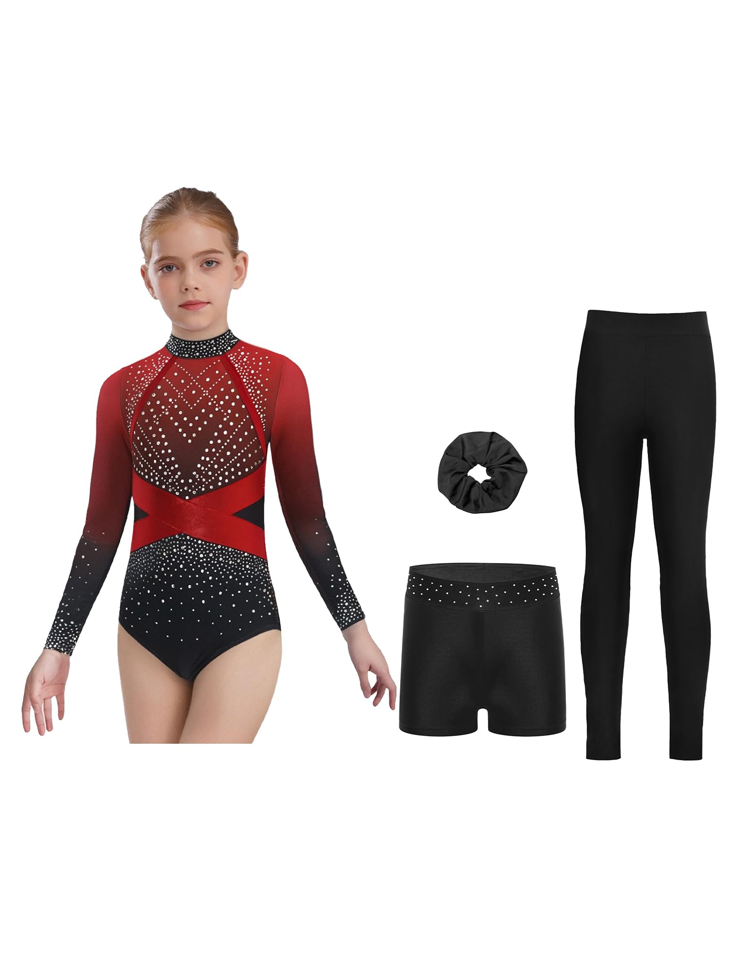 Kinder Mädchen Turnanzug Glitzer Gymnastikanzug mit Shorts Leotard Eislaufen Tanzkostüm Eiskunstlauf Verkleidung