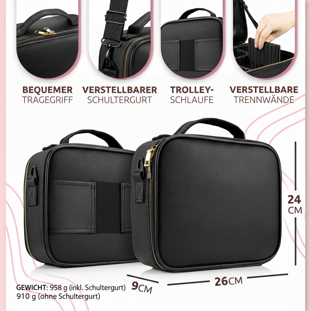 Premium Kosmetiktasche mit Spiegel (normal & Vergrößerung) – Make Up Tasche mit Spiegel – Schminktasche – Kosmetikkoffer - Schminkkoffer Damen