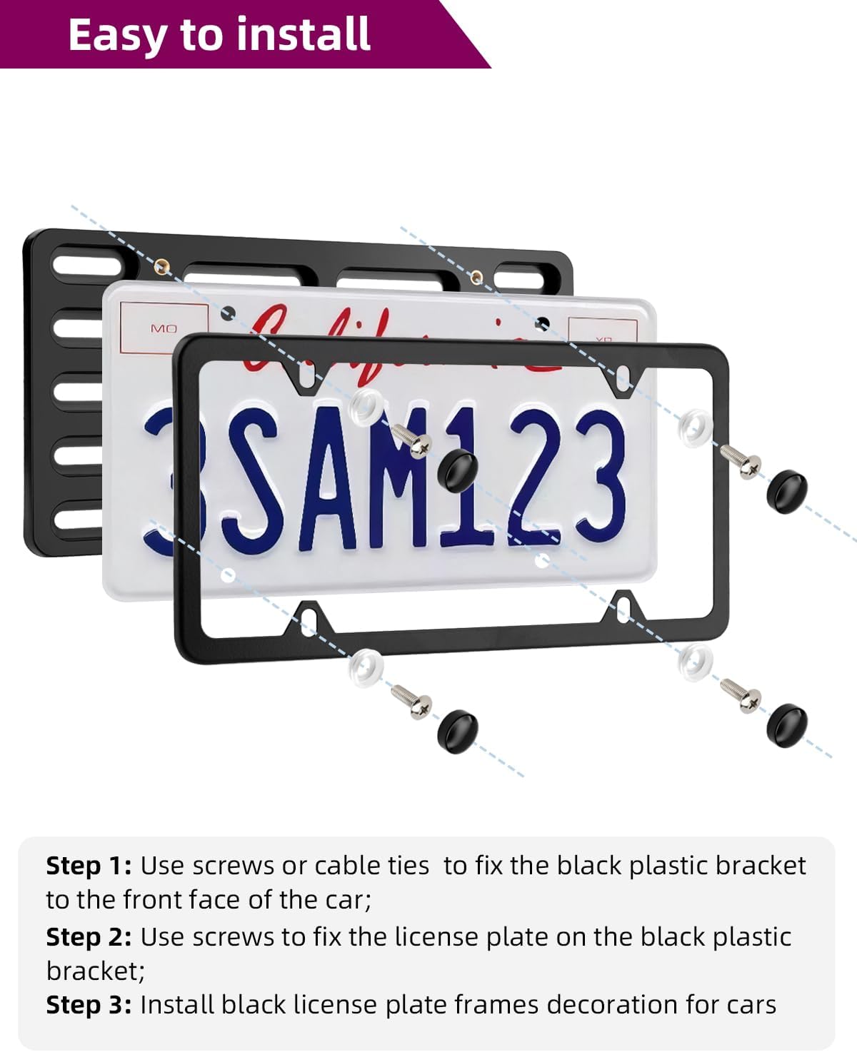 XCLPF Front License Plate Bracket,No Drill License Plate Holder,License Plate Mounting kit,Universal Bumper Car Frame Mount Adapter,Black License Plate Frames with Screw Cap,Cable Ties - Image 6