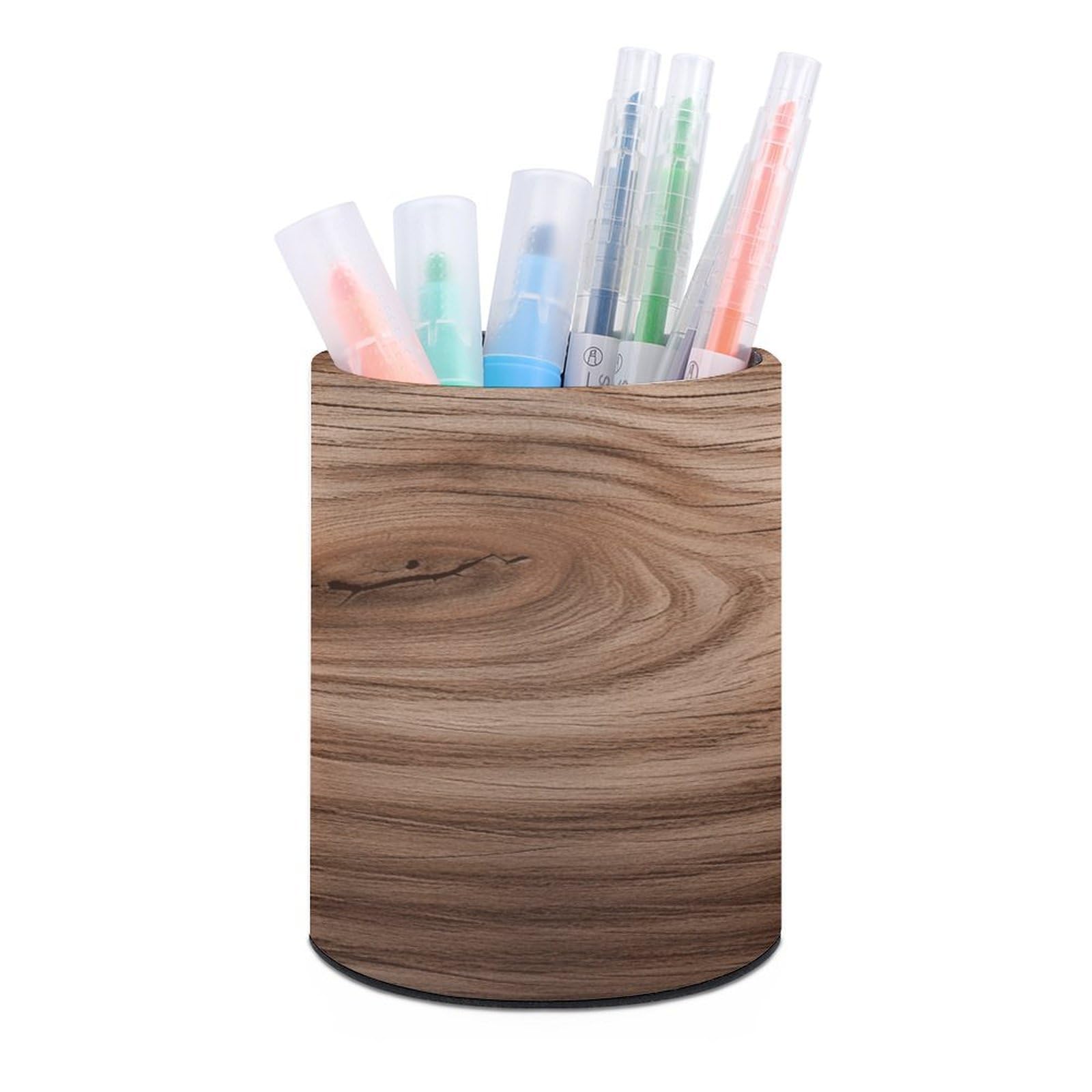 VstaDank - Wood Grain Round Pen Holder Pencil Holder PU Leather Desk Organizer Holder for Brush Decoration Desk Office Home (3.1 x 3.9