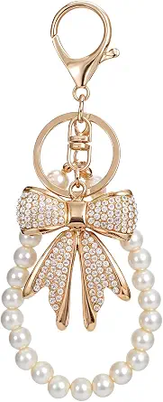 2 Pcs White Rhinestone Bowknot Keychain with Imitation Pearl Chains