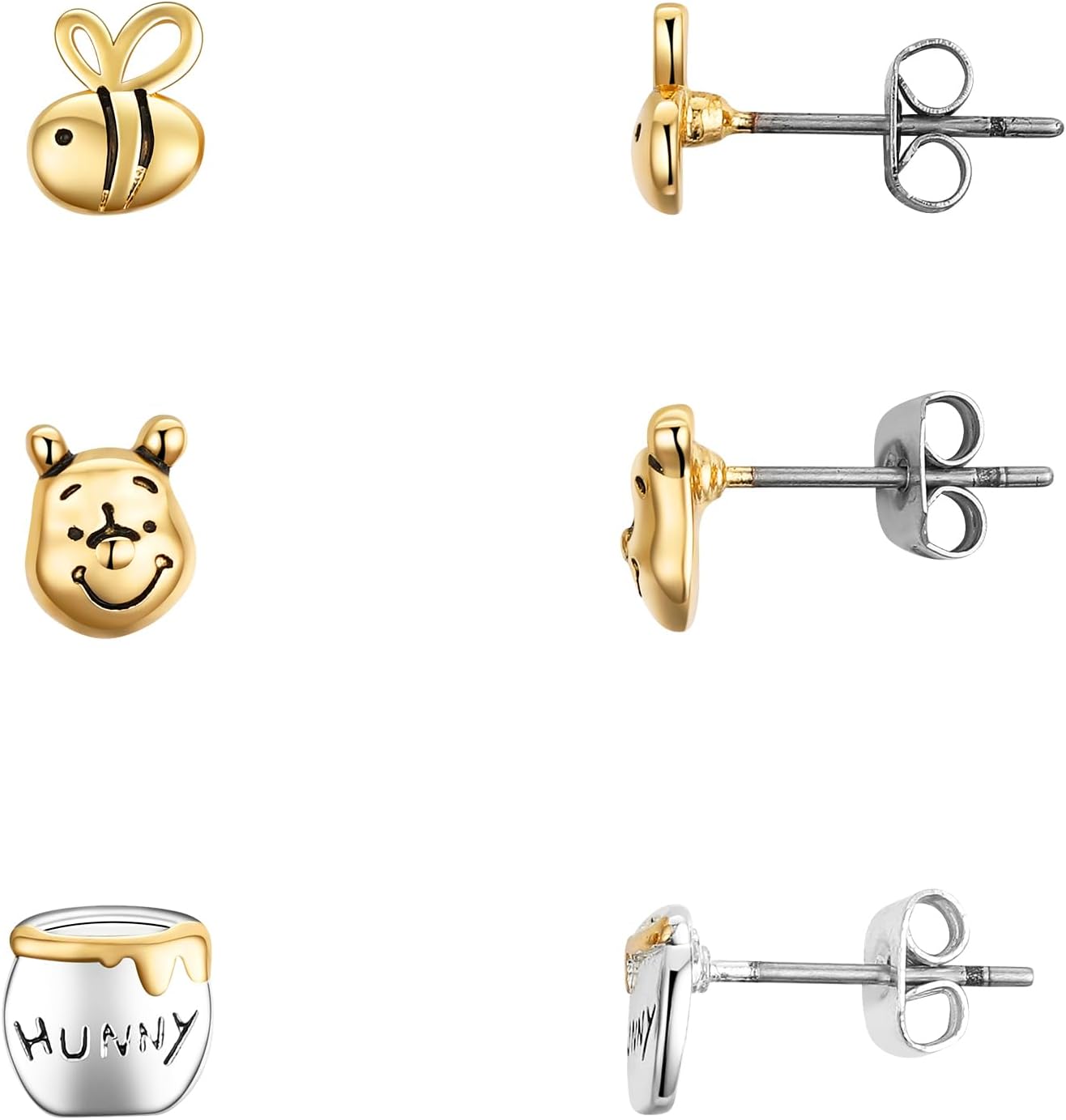 Disney Winnie-the-Pooh Bee and Honey Pot Trio Earring Set Officially Licensed | Brass with Sterling Silver and Gold Plate | Stud Earrings