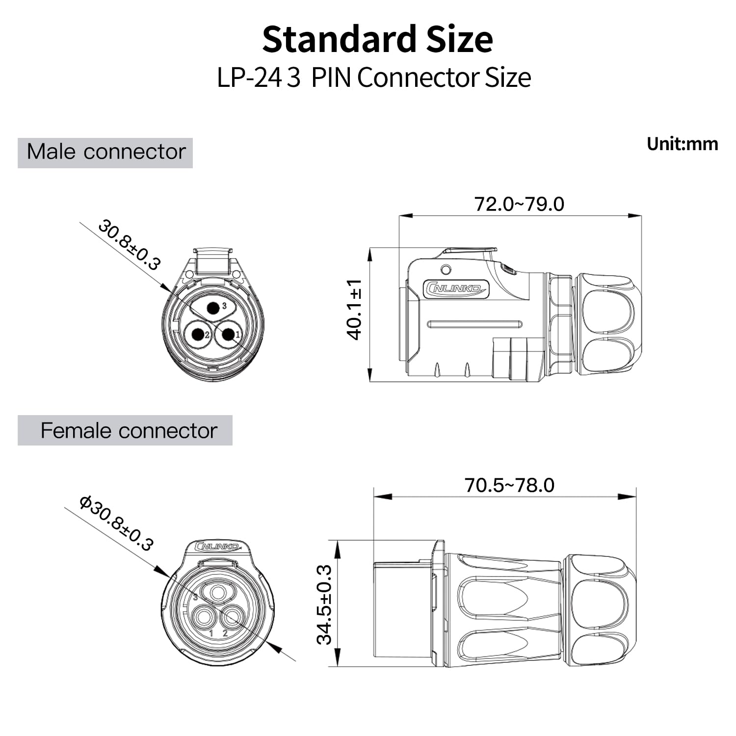 CNLINKO LP-24 3-Poliger Wasserdichter Stecker mit Schraubdesign, IP68 Aviation Rundstecker, M24 Stecker und Buchse Paar (LP24 3-Polig Schraubverbindung)