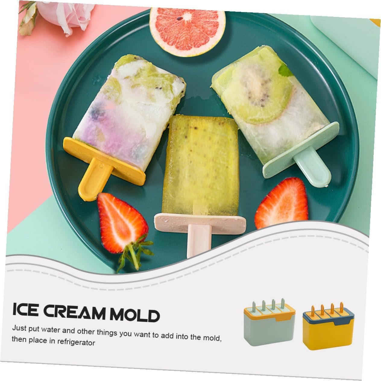 KICHOUSE Reusable 2pcs Ice Cream and Ice Pop Molds Set, DIY Chilled Treat Maker with 4 Cavities, Household Silicone Molds for Homemade Desserts in Blue and Green