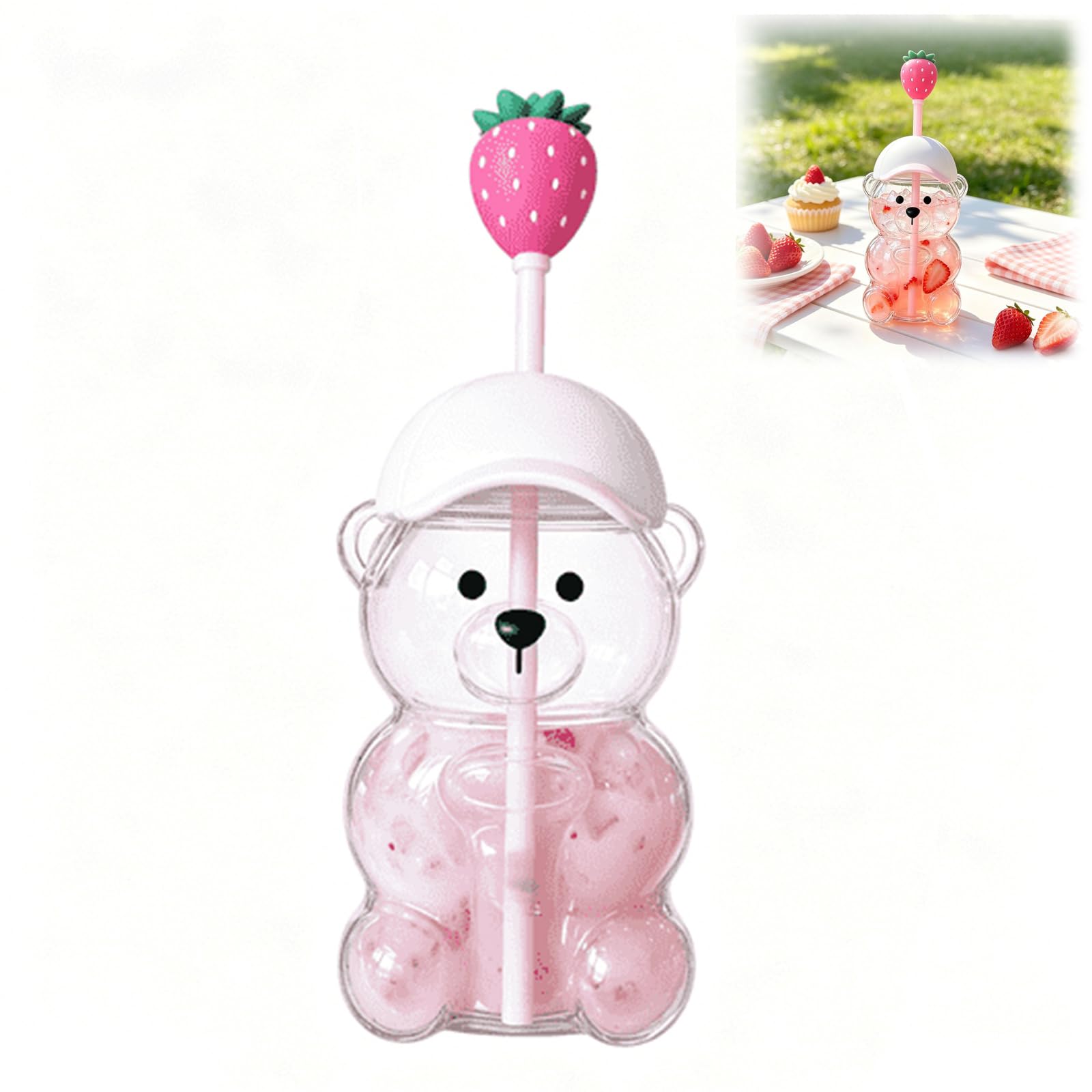 Bear Shaped Clear Glass Water Bottle with Straw, 20oz Cute 3D Bear Cup