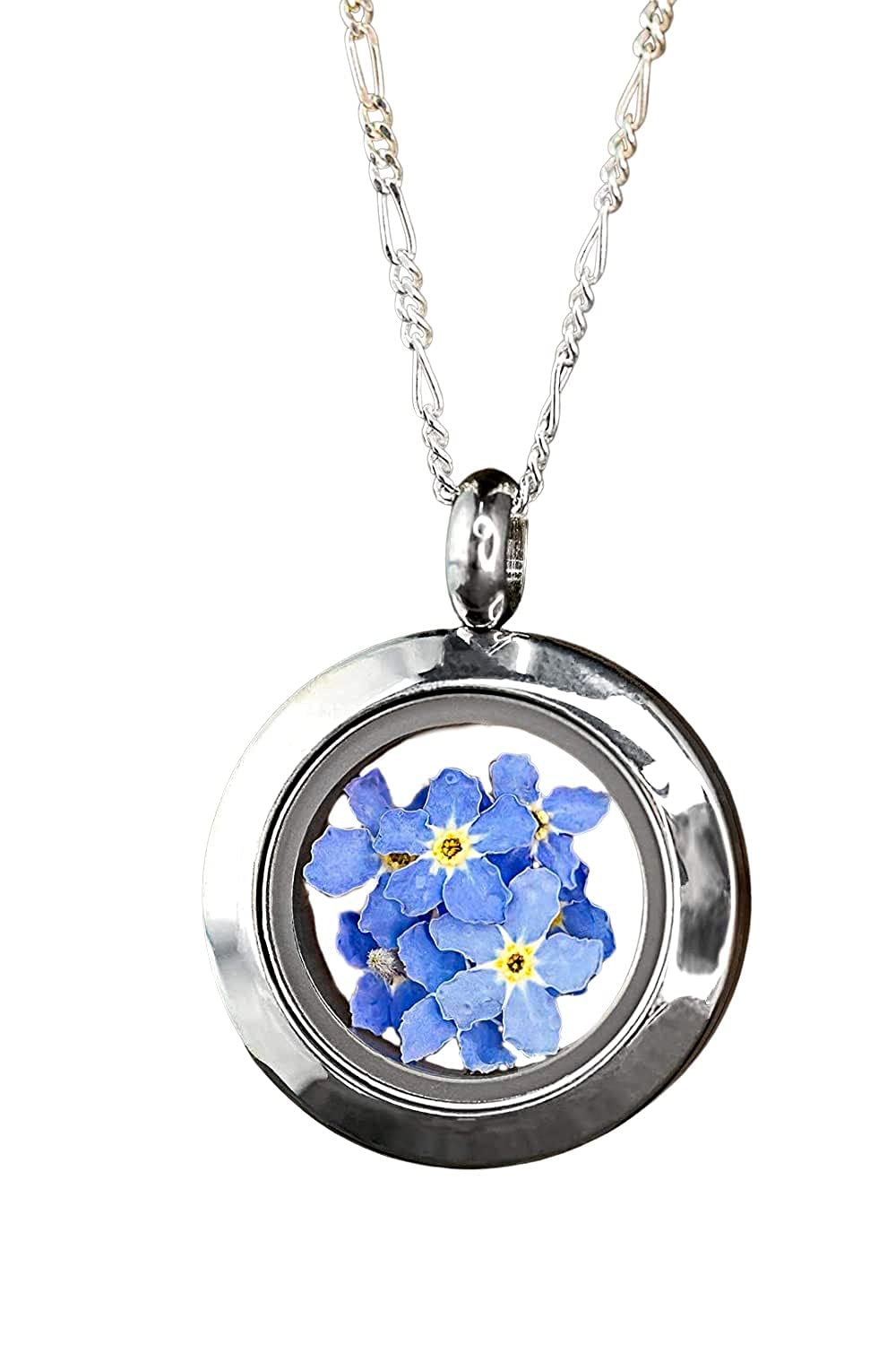 MadamLili 925 Sterling Silber Medaillonkette | Mit echten Vergissmeinnicht-Blüten | Andenken an Verstorbene | Geschenk für Frauen, Mama, Schwester & Beste Freundin | Erinnerungsschmuck
