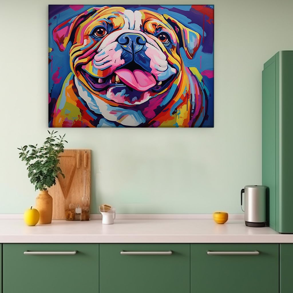 Canvas for Living room. A Brush with Joy: Abstract Pop-Art Celebrating a Bulldog's Vibrant Splendor, 27 x 18 inch Canvas Wall Art - Ready to Hang