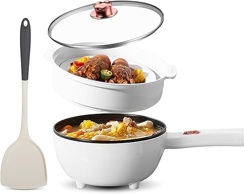 Olla caliente eléctrica, sartén antiadherente portátil y vaporera, cocina rápida de fideos con mango largo duradero y espátula de vapor, control de