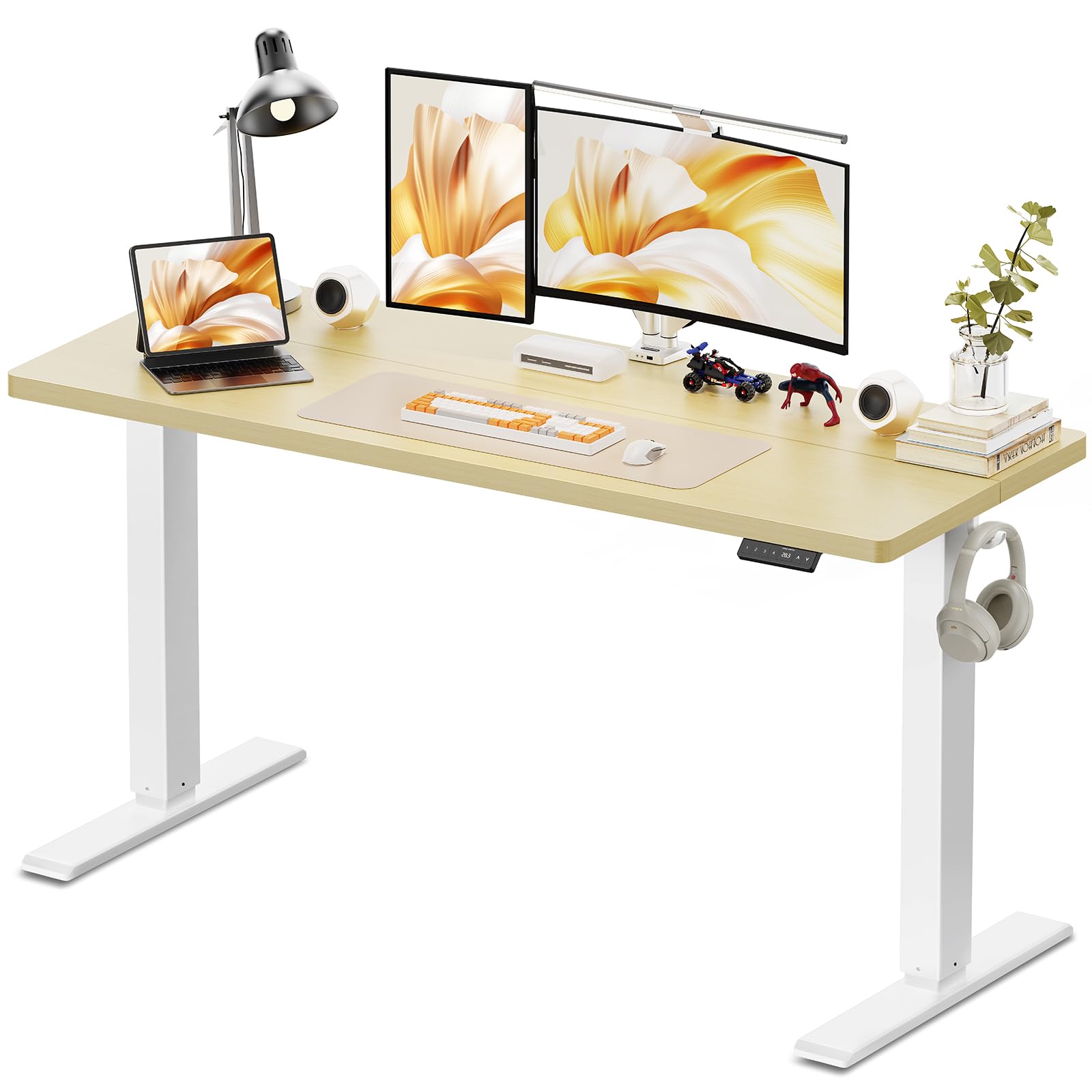 WALKINGDESK 160 x 60 cm Standing Desk, Electric Height Adjustable Desk with 2 Hooks, Computer Desk with 4 Memory Heights and Splice Board, Ergonomic Sit Stand Table for Home Office, Oak