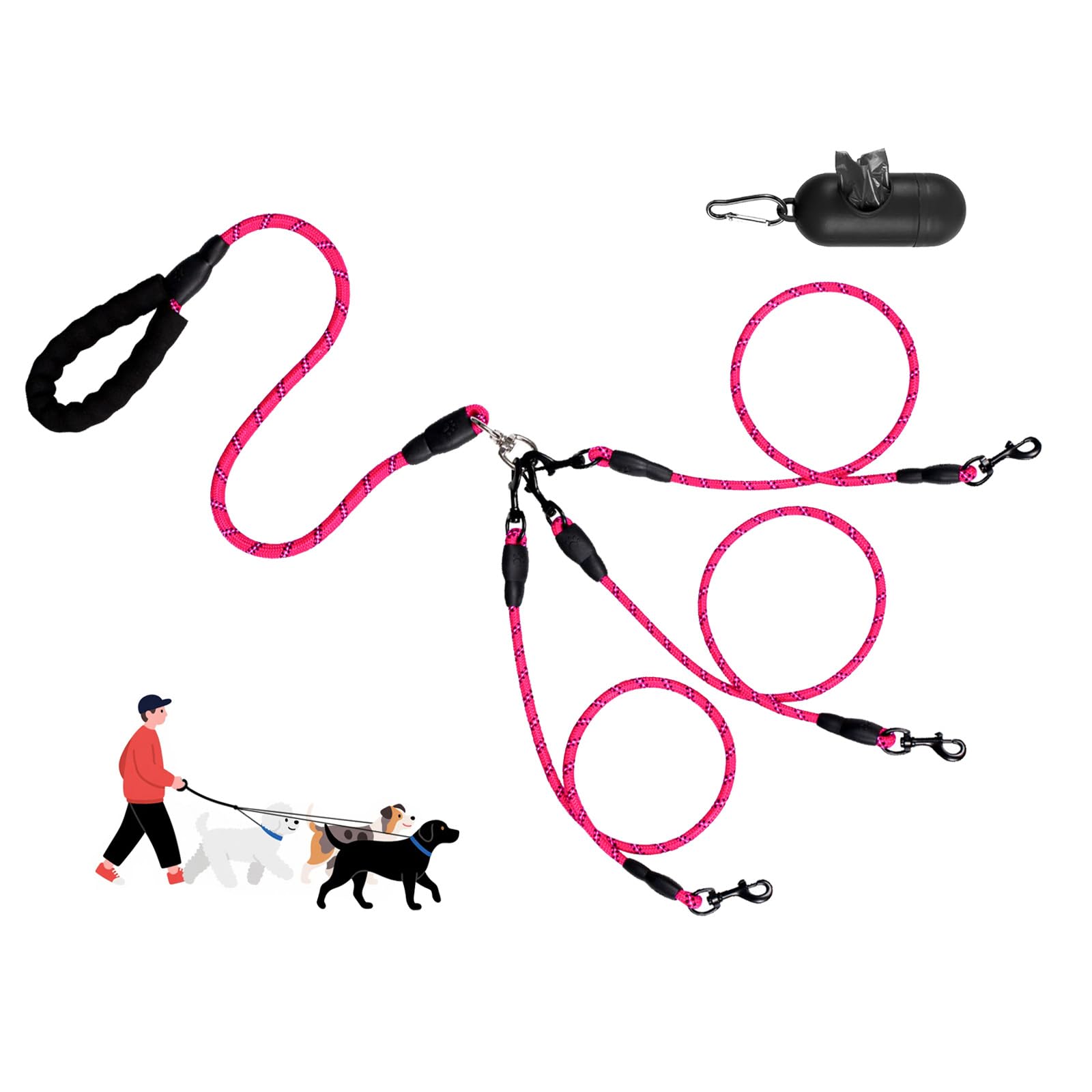 LEOSASA No-Tangle 3-Dog Leash - Main Lead Rope with Padded Handle, Three Detachable Leash Splitters, Heavy-Duty Clip, 4.76ft for Walking, Running, Small, Medium, Large Dogs (Pink)