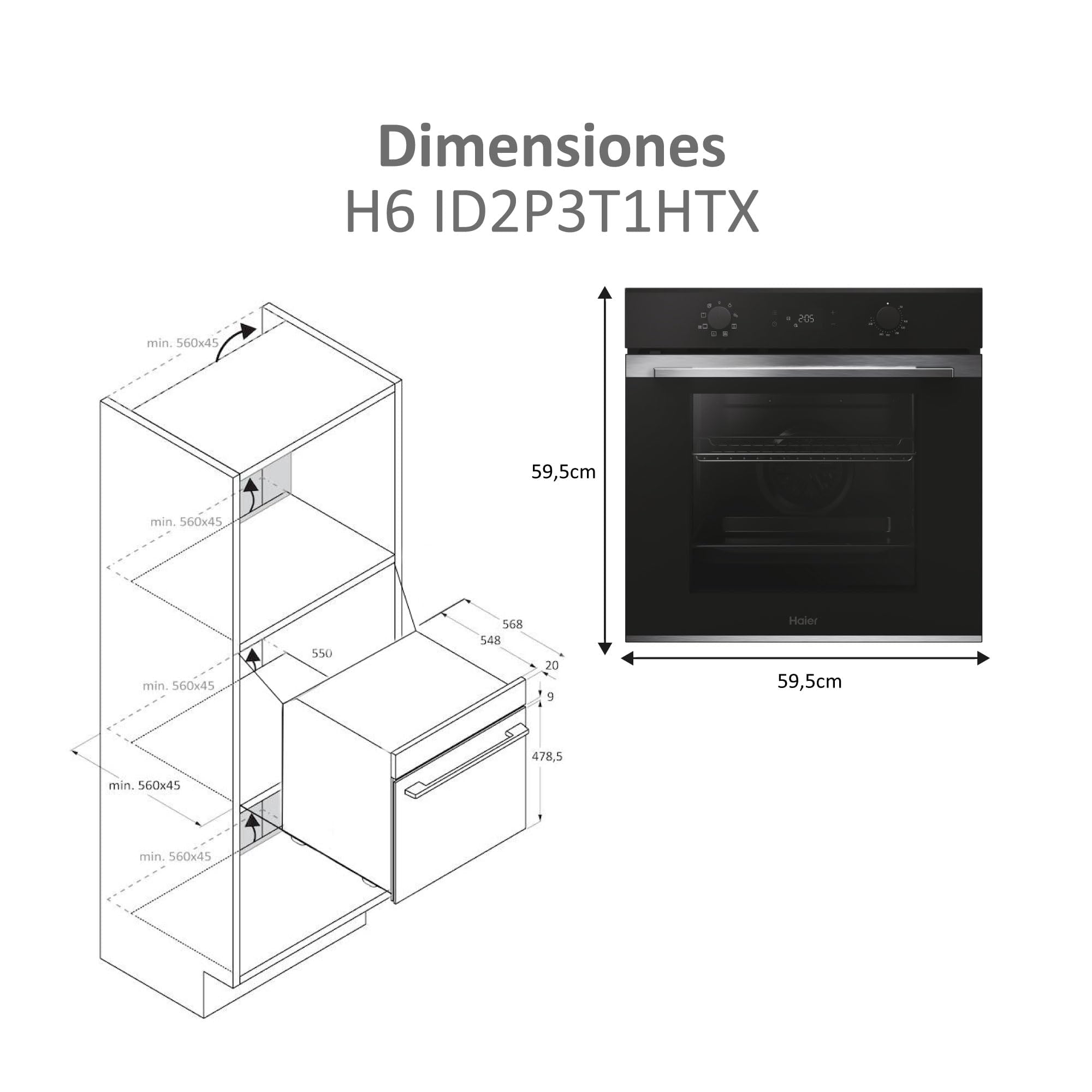 Haier ID Series 2 H6 ID2P3T1HTX - Horno Multifunción Hidrolítico, 78L, Cocción multinivel, 9 Funciones, Display táctil y mandos giratorios, Guía Telescópica, 2 Cristales en puerta, Negro e Inox