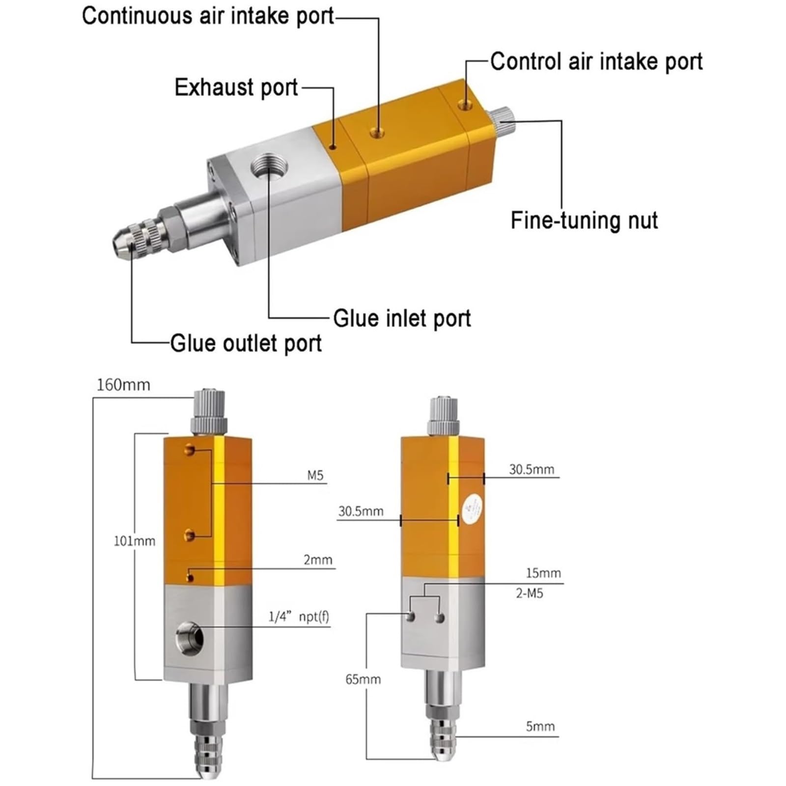 Saugdosierventil, pneumatischer Präzisionsdosierer, Präzisions-Fingerhut-Dosierventil, Innendurchmesser des Leimauslasses 2,5 mm, Anti-Tropf, for Klebstoffe/UV-Klebstoffe/Tinten usw.