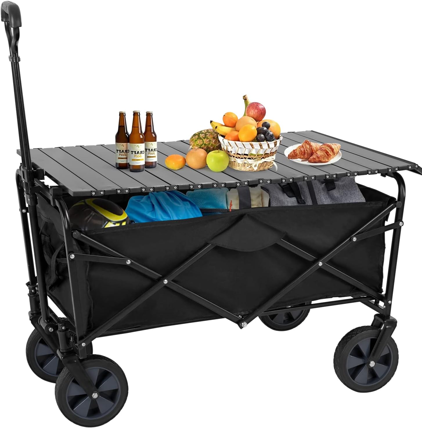 Folding Wagon Collapsible Wagon Garden Cart w/Foldable Table Board Universal Wheels for Camping Picnic Outdoor Event, Black