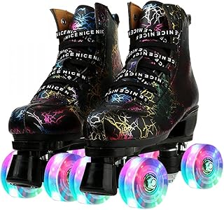 Women Roller Skates Classic High-top Outdoor Skate Roller Light-Up Four-Wheel Lightning Pattern Shiny Roller Skates for Adult Women Men with Shoe Bag (Black Flash Wheel,43=US:9)
