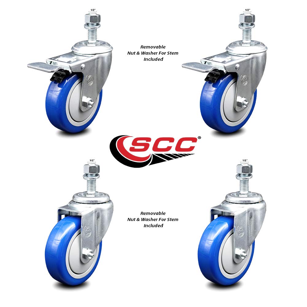 Service Caster Brand Replacement Set for Chief Casters PAC770 - Swivel Threaded Stem Casters with 4 Inch Blue Poly Wheels and 1/2