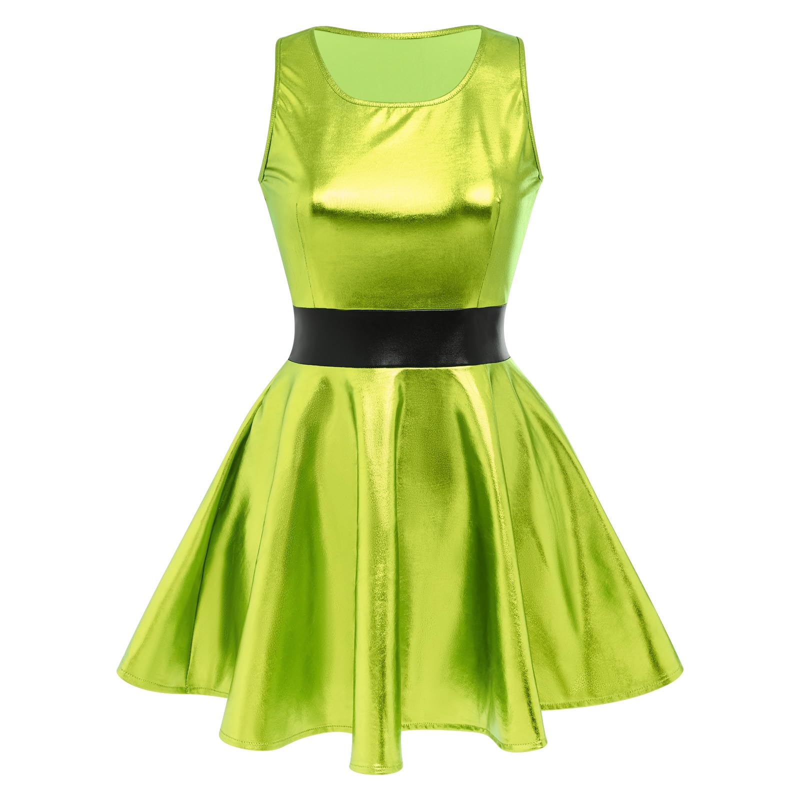 IDOPIP Vestito da donna lucido metallizzato sexy senza maniche skater mini abito olografico partito rave danza discoteca costume di Halloween