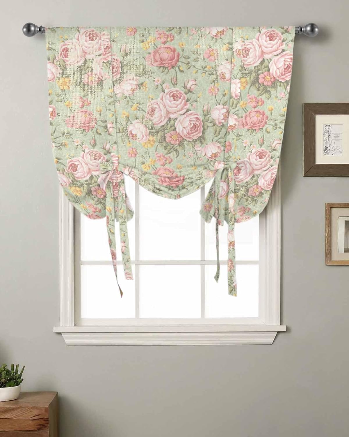 Spring Flower Tie Up Curtains for Window, Thermal Insulted Balloon Shade Adjustable Rod Pocket Curtains Valance Panels for Kitchen Bathroom Café 42 x 45 Botanical Leaves Morden Rustic Garden Herbs