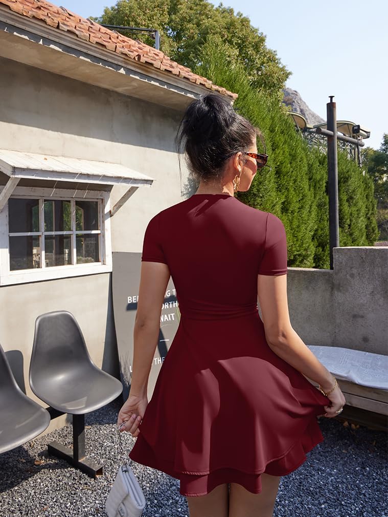 XXTAXN Women's Sexy Square Neck Short Sleeve Ruched Tiered Ruffle Hem Flowy Club Party Mini Dress - Image 7