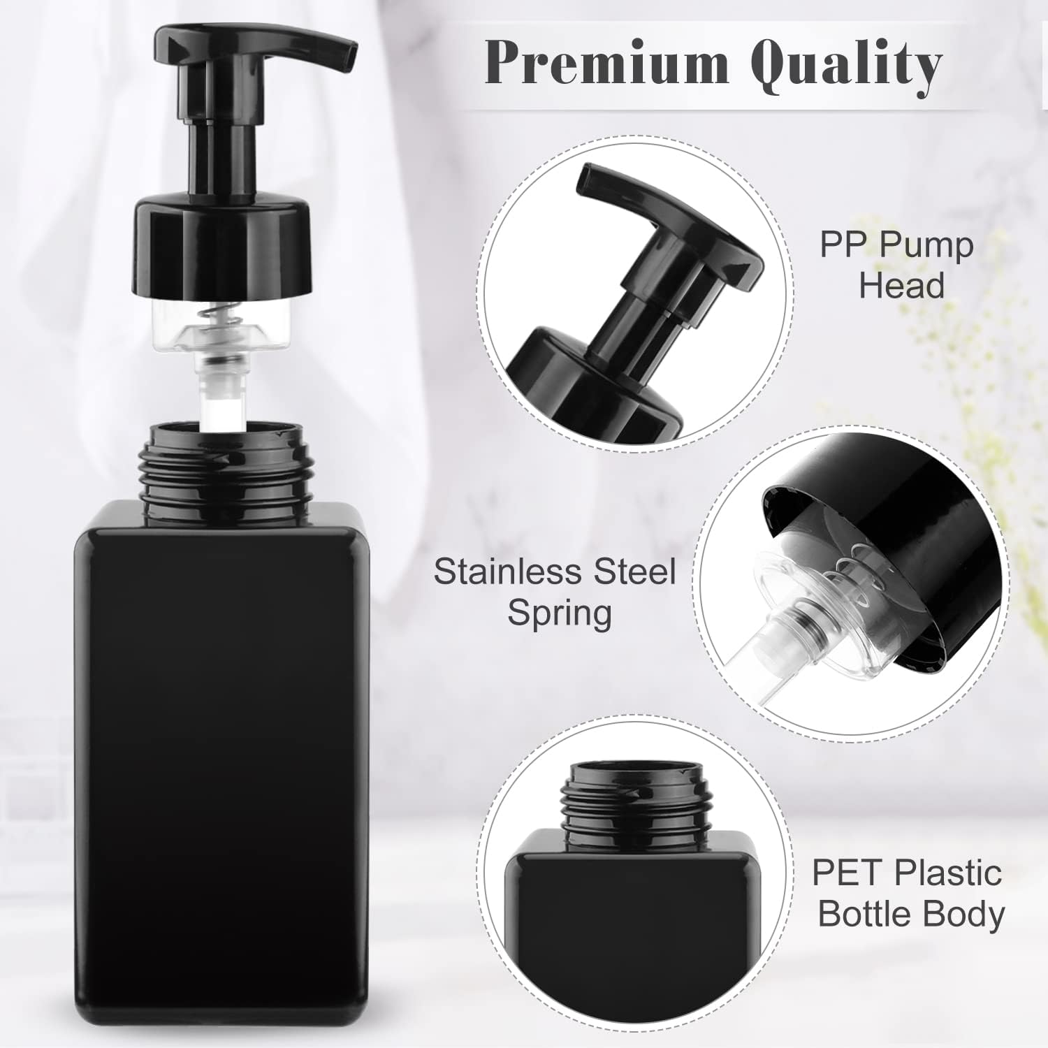 3 Pack 15oz/450ml Foaming Soap Dispenser Plastic Foam Pump Bottle Refillable Liquid Soap Container for Shampoo Body Hand Wash Bathroom Kitchen Sink - Black - Image 3