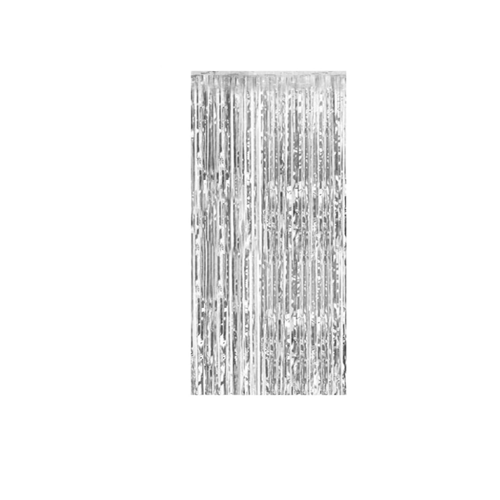 Rideau Métallique Tinsel Lot de 2 Toiles de Fond en guirlandes de 3,3 x 6,6 Pieds, Rideau de Fond à Pompons en Feuille d'or pailleté, décorations à Rayures for fête d'anniversaire(Silver)