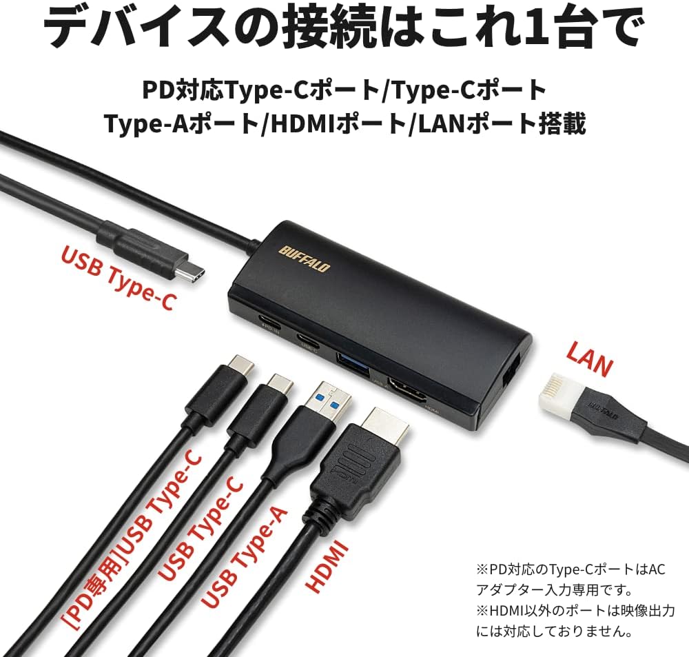 Buffalo Docking Station 5-in-1 USB Type-C PD HDMI LAN Port USB 3.2 (Gen 1) 85W Power Delivery Black LUD-U3-CGHDBK/N
