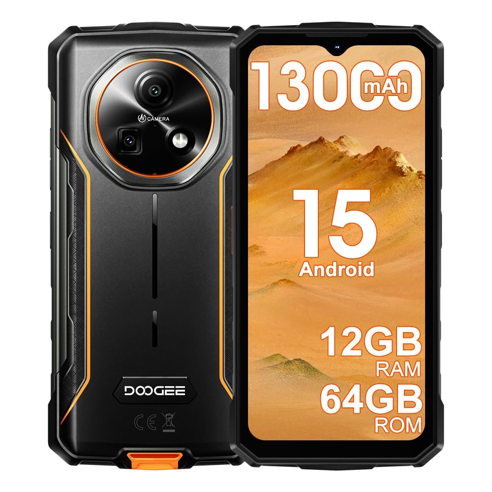 DOOGEE Fire 5 Rugged Smartphone, Batteria 13000mAh 10W 4G Android 15 Telefono Indistruttibile,6.6''HD+90Hz, 13MP+8MP AI Fotocamere Cellulare Antiurto, 12GB+64GB/2TB, IP68/NFC/OTG/3 slot (Arancia)