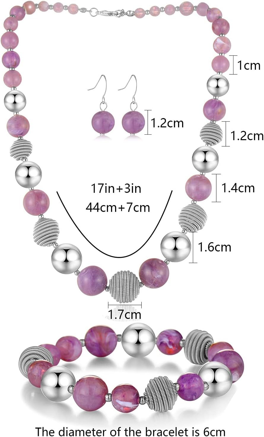 PEARL&CLUB Beaded Chunky Statement Necklace Earring and Bracelet Set Silver Metal Bead Fashion Jewelry Set Mothers’ Day Gifts for Women - Image 5