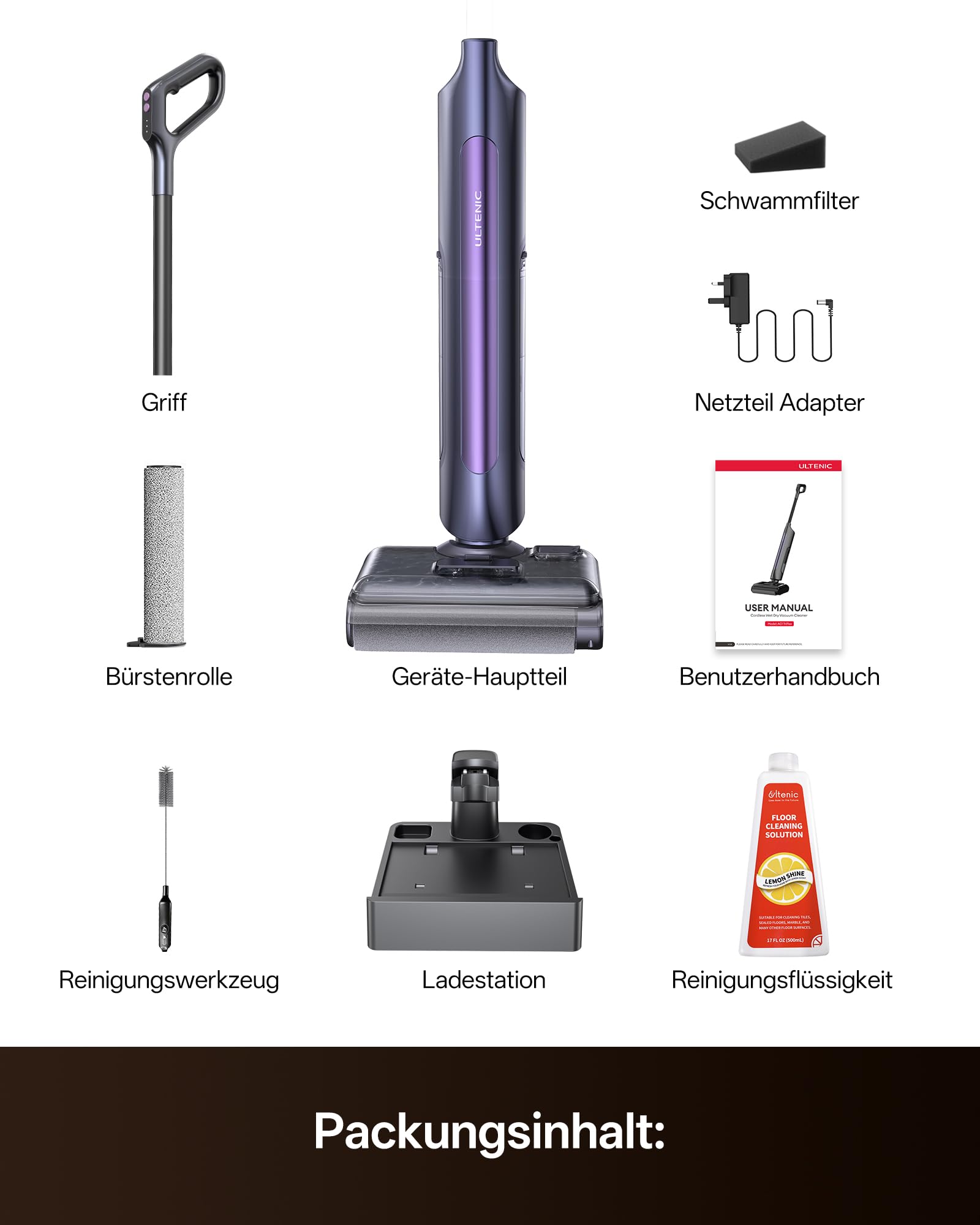 Ultenic AC1 Triflex Nass Trockensauger, 180° Lay-Flat Saugwischer Kabellos, 55 Min Laufzeit, Selbstreinigungsfunktion, ideal für Hartböden sowie Haushalte mit Haustieren und Kindern