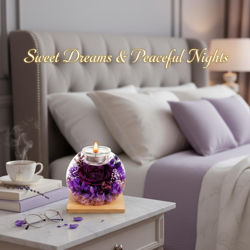 Eternal Preserved Real Rose, Glass Dome Gift Set with 18 Scented Candles (9 Rose,9 Vanilla), Mother's Day Valentine Christmas Birthday Gift for Women Mom Girlfriend Wife Home Decor (Dark Purple) - Image 6