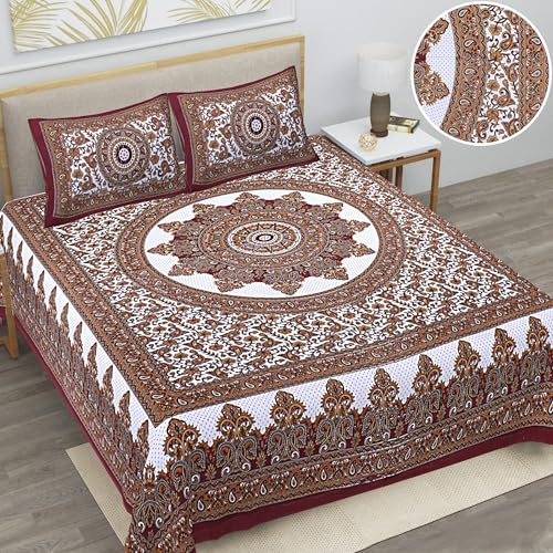 Image of Floral Printed Bedsheet for Double Bed Queen Size with 2 Pillow Covers | 144 TC Soft Cotton Blend Bedsheet | 90x100 Inch Bed Sheet | 18x27 Inch Pillow Covers | Red | Comfortable Bedding Set