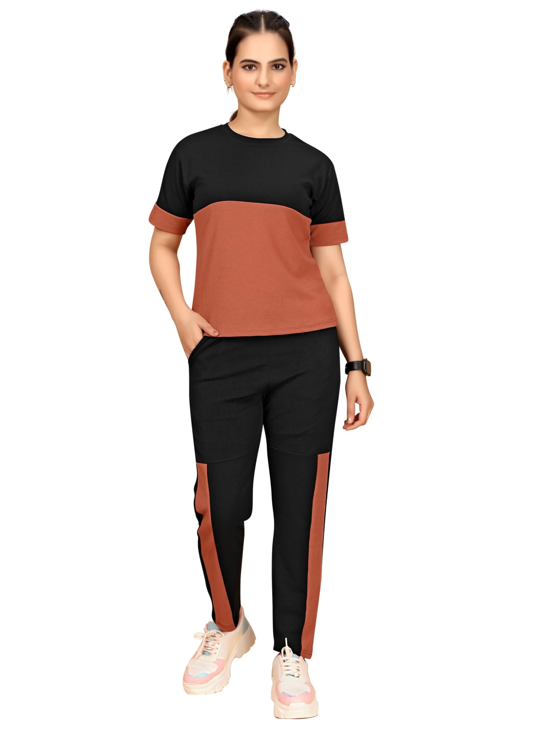 Women's Printed Polyester Lycra Tracksuit Set, Lightweight Stretchable Tracksuit Suit and Gym Outfit with Side Pockets