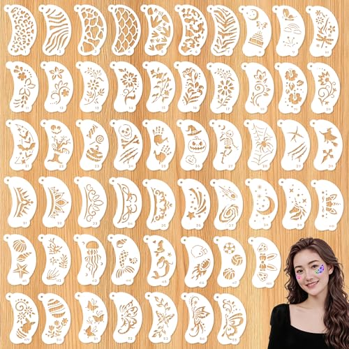 55PCS Face Paint Stencils Body Tattoo Stencils for Painting Reusable Templates for Halloween DIY Body Art Makeup Party and Temporary Tattoo Multi-Surface Use (55)