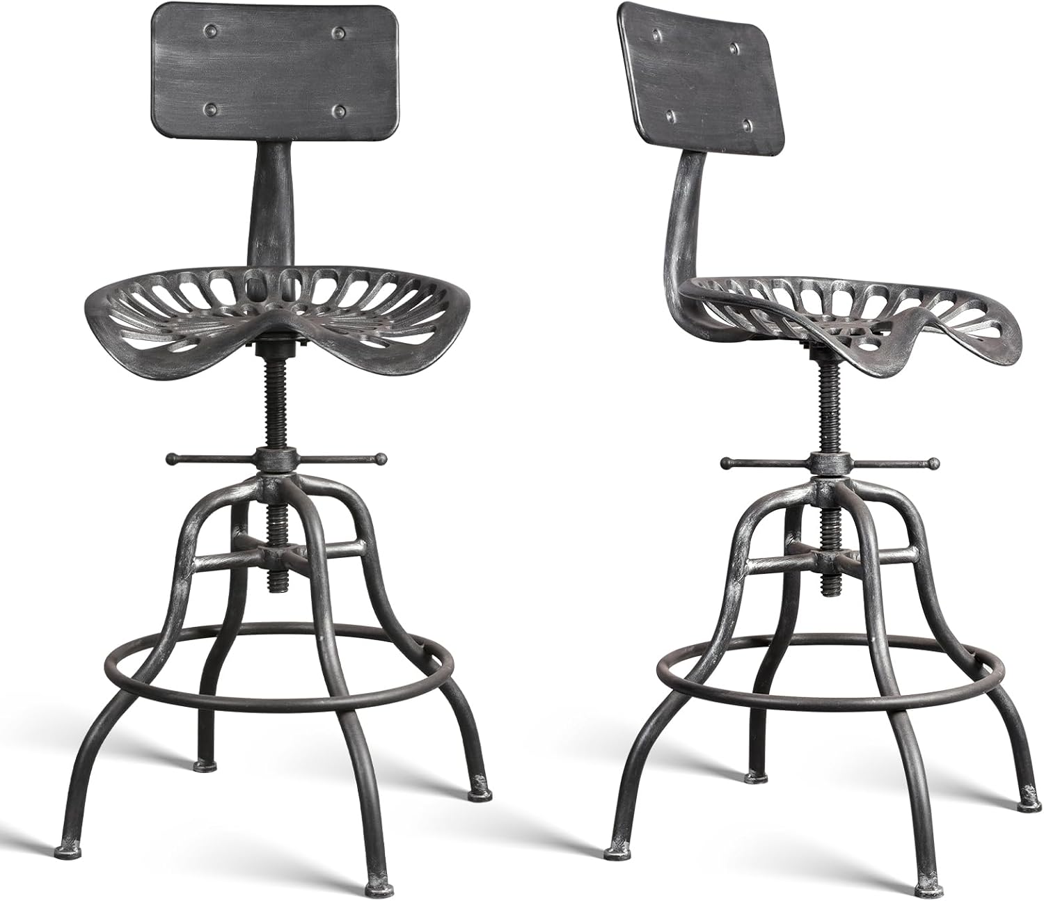 Industrial Bar Stool Farmhouse Tractor Saddle Chair Backrest Counter Height Adjustable Metal Cast Iron Bar Stool 22-27 Inch Silver