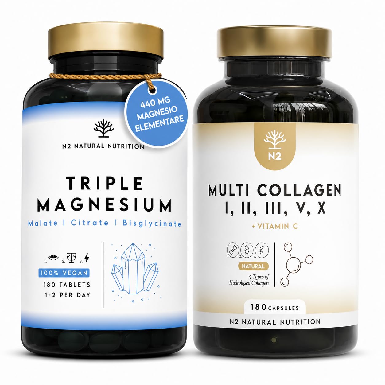 Multi Collagene Idrolizzato + Triple Magnesio. Magnesio Bisglicinato Citrato e Malato 440 mg + Multi Collagene Tipi I, II, III, V & X con Vitamina C.180 Compresse + 180 Capsule. N2