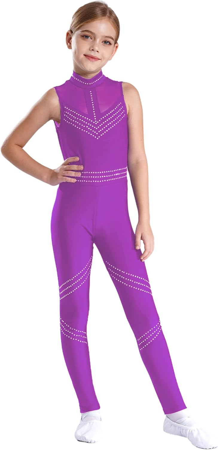 Girls Sleeveless Rhythmic Gymnastics Jumpsuit Mock Neck Ballet Dance Unitard Shiny Figure Skating Unitards