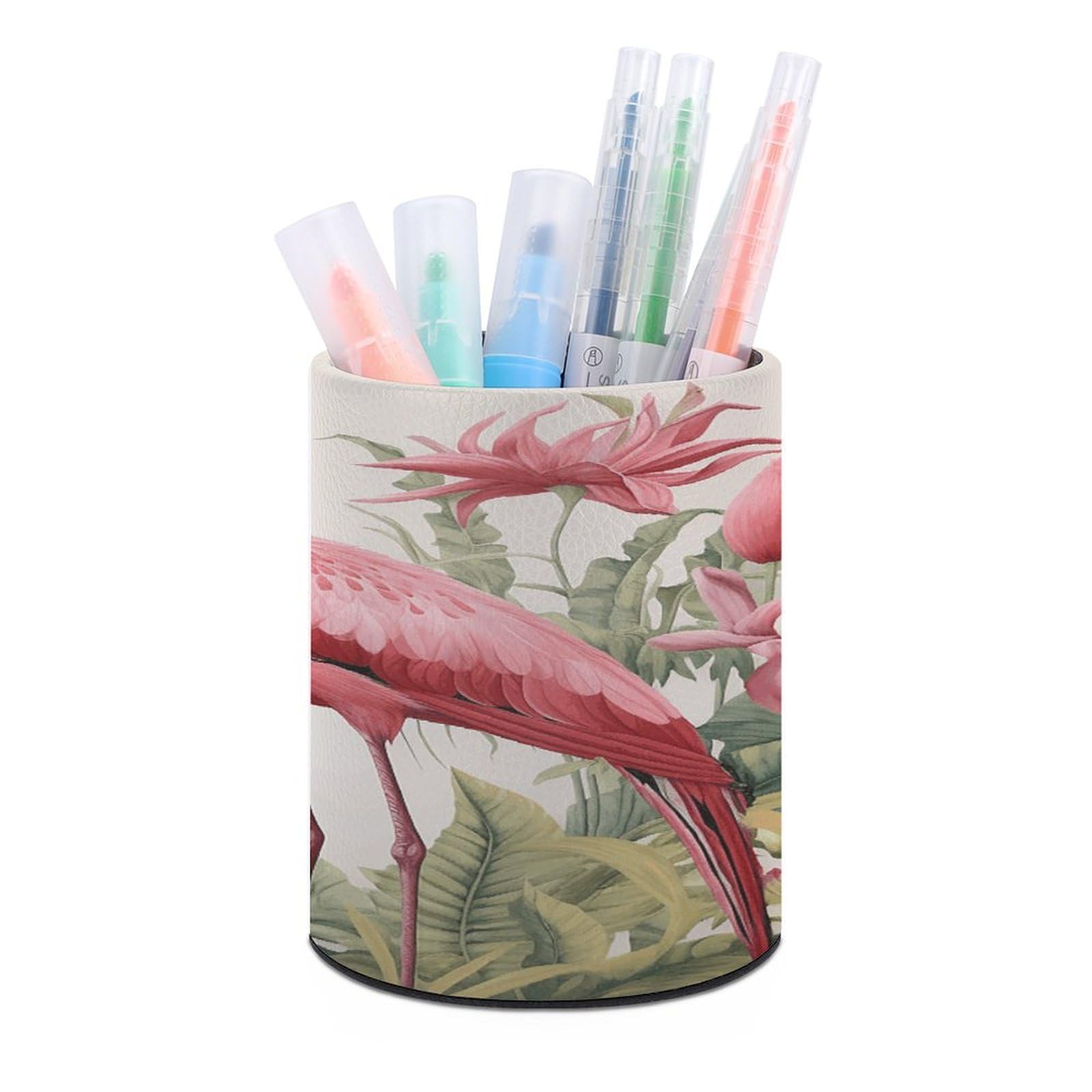 Flamingo And Leaves Pen Holder Multi-Functional Round Pencil Holder Cute Office Decoration Pen Cups Simple Design PU Leather Paintbrush Cups for Home Office Desk