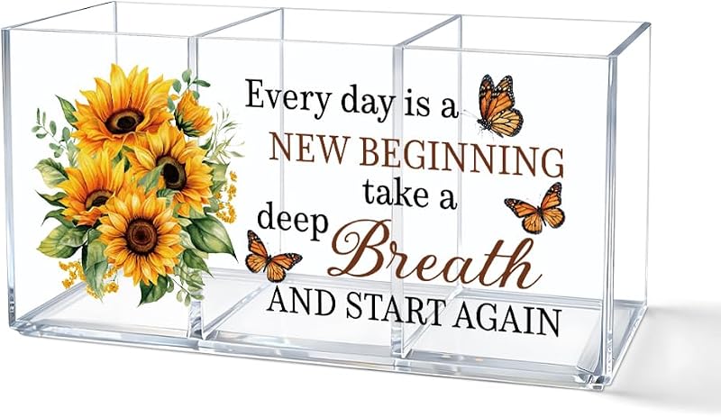 Porta-canetas de acrílico transparente JQYCJTR com 3 compartimentos, estampa Every Day Is a New Beginning
