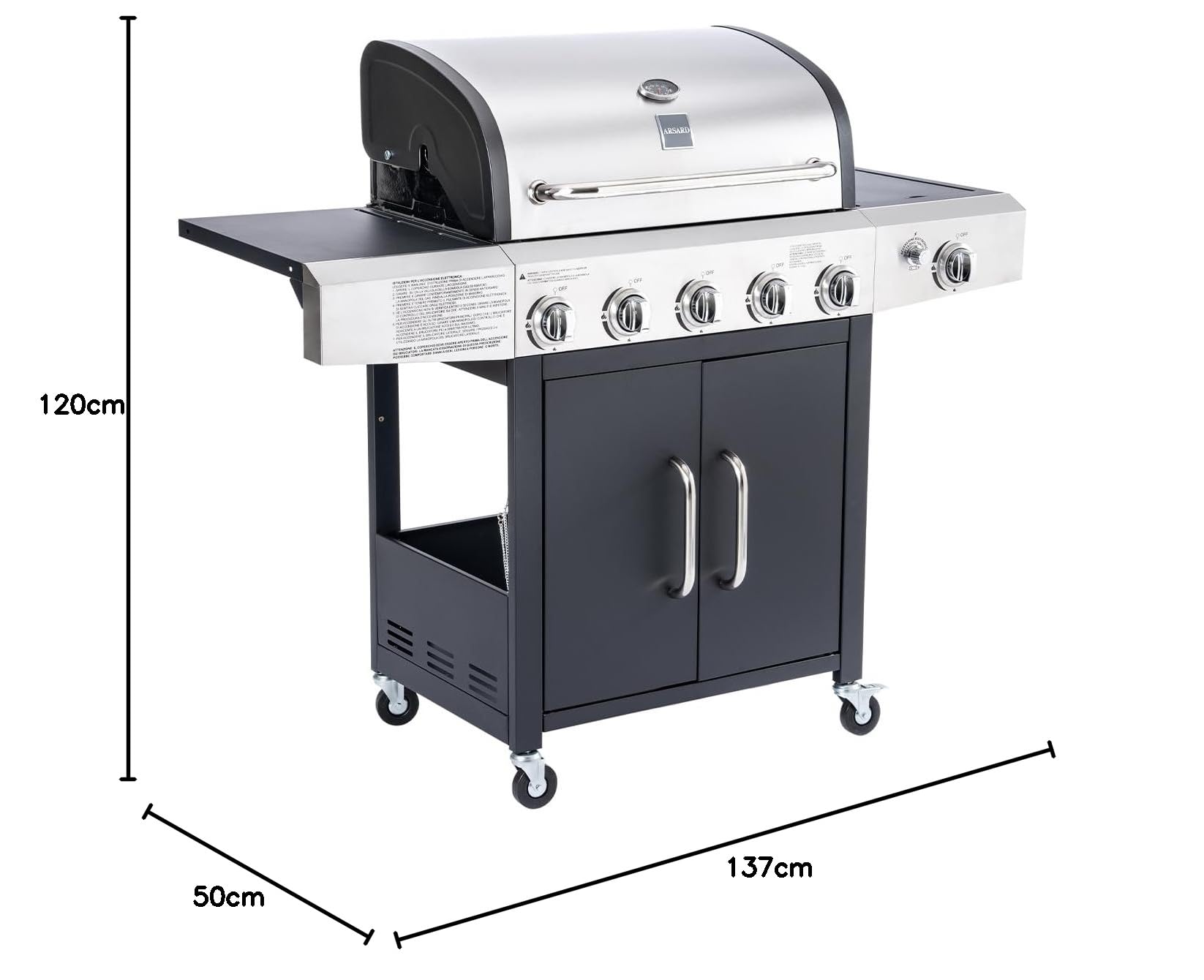 Arsard Barbecue a Gas Professionale XXL Con 6 Fuochi Multifunzione Da 19 KW, Completo Di Bruciatore Laterale, Coperchio, Termometro, Griglia In Ghisa, Ruote, Portabombola E Struttura In Acciaio Inox