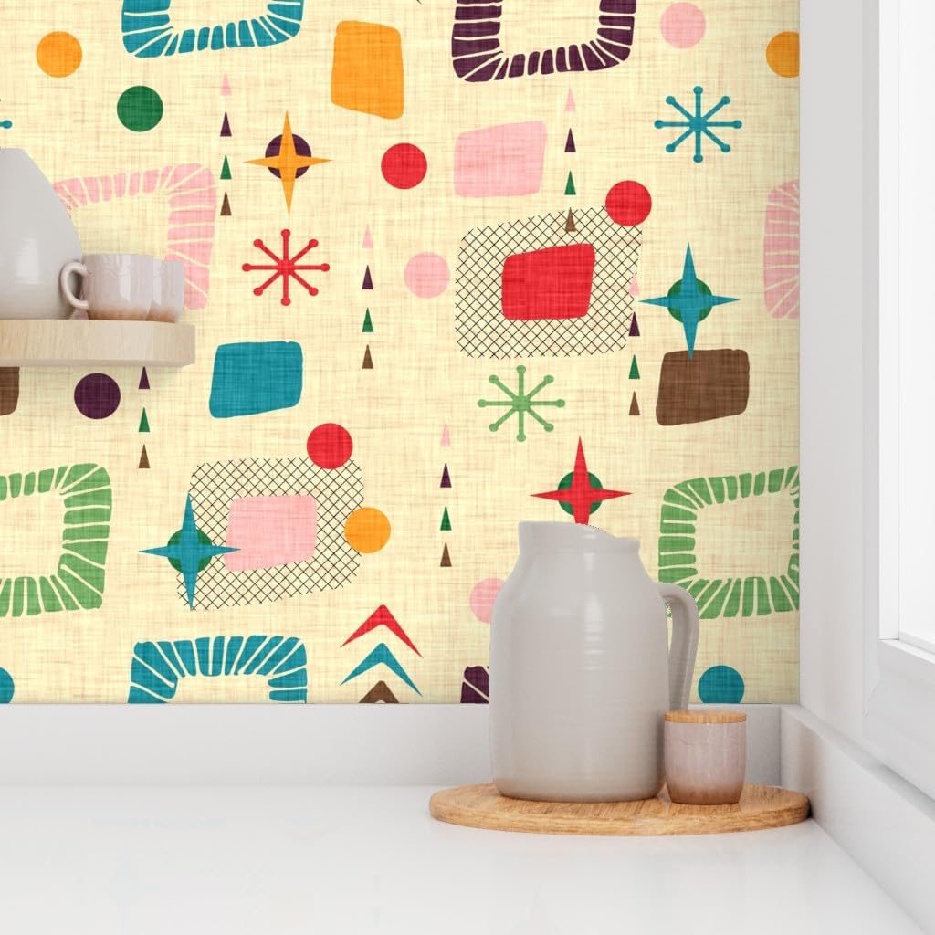 Peel & Stick Wallpaper 3ft x 2ft - 1950 Retro Atomic Age Small Scale Mid Century Midcentury Modern Faux Woven Look Custom Removable Wallpaper by Spoonflower